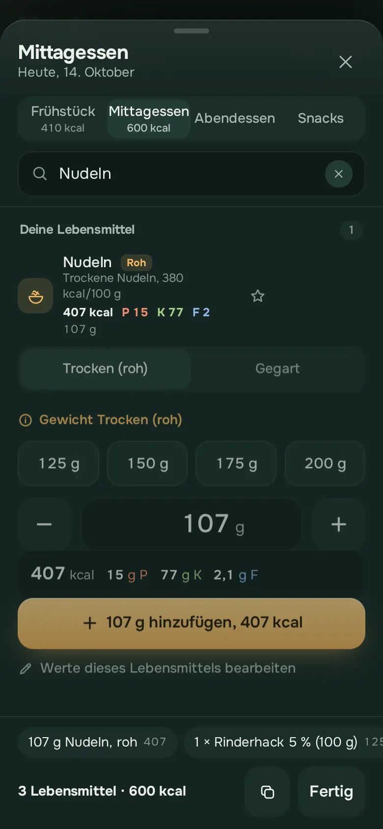 Bildschirm der Ration-App: Hinzufügen, mit zwei Tipps