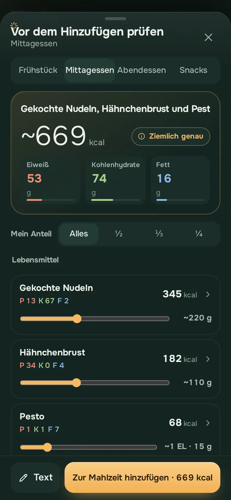 Bildschirm der Ration-App: RationFood AI