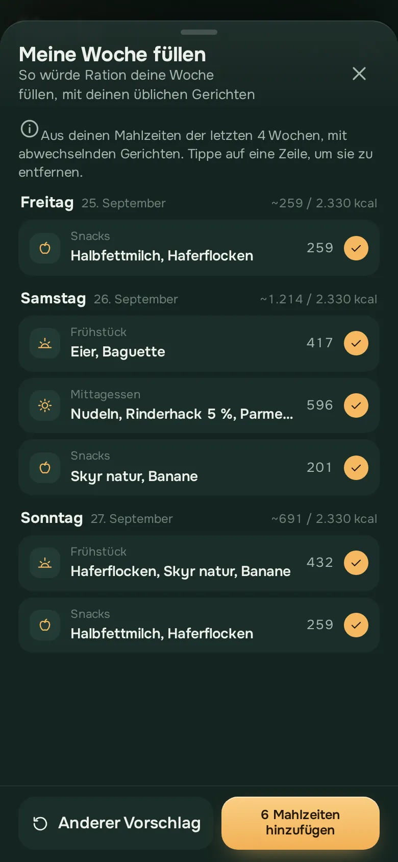 Bildschirm der Ration-App: RationSport AI