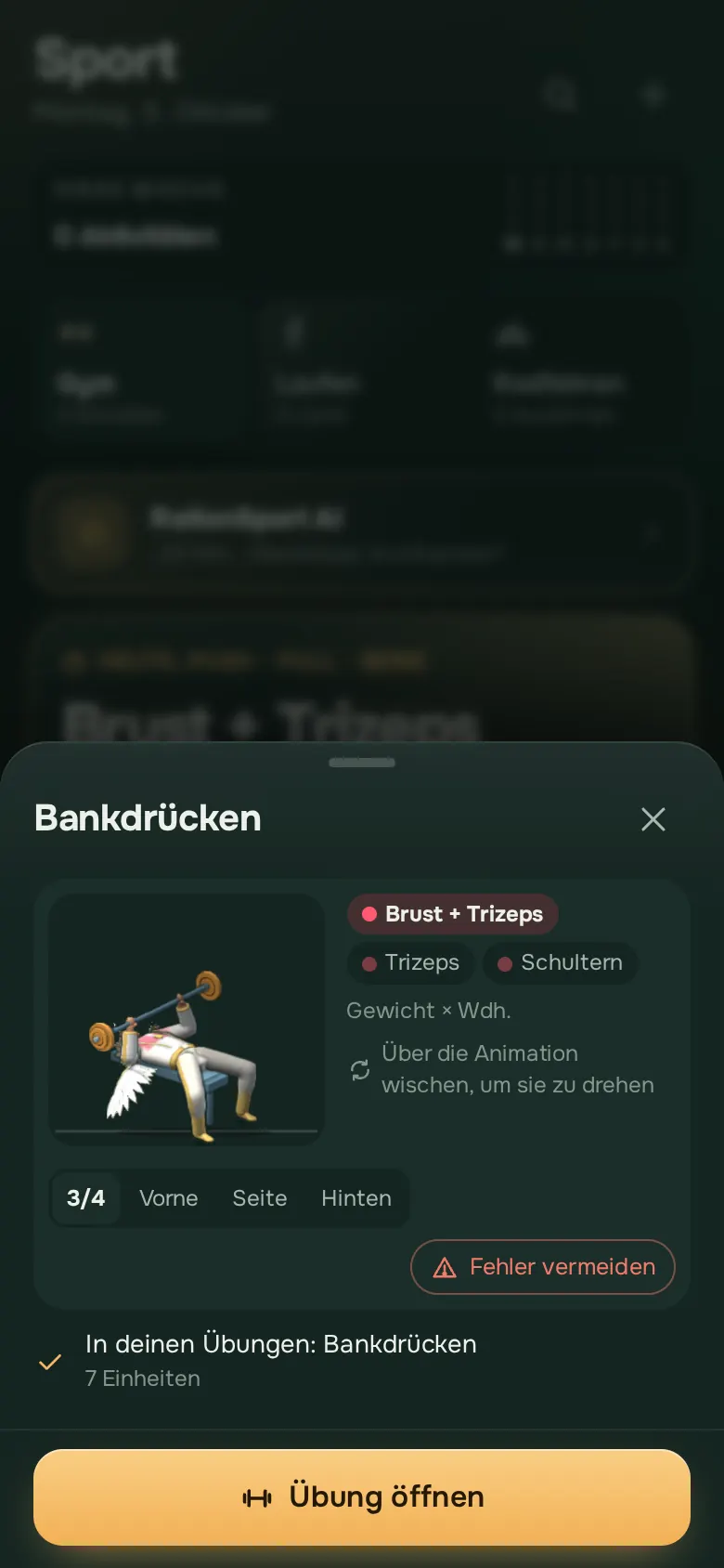 Bildschirm der Ration-App: 277 Übungen in 3D