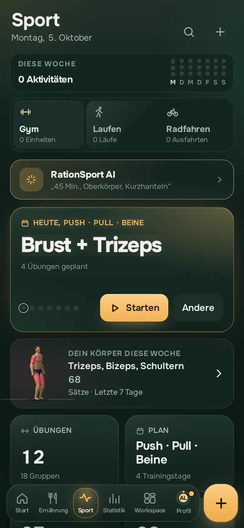 Bildschirm der Ration-App: Sport