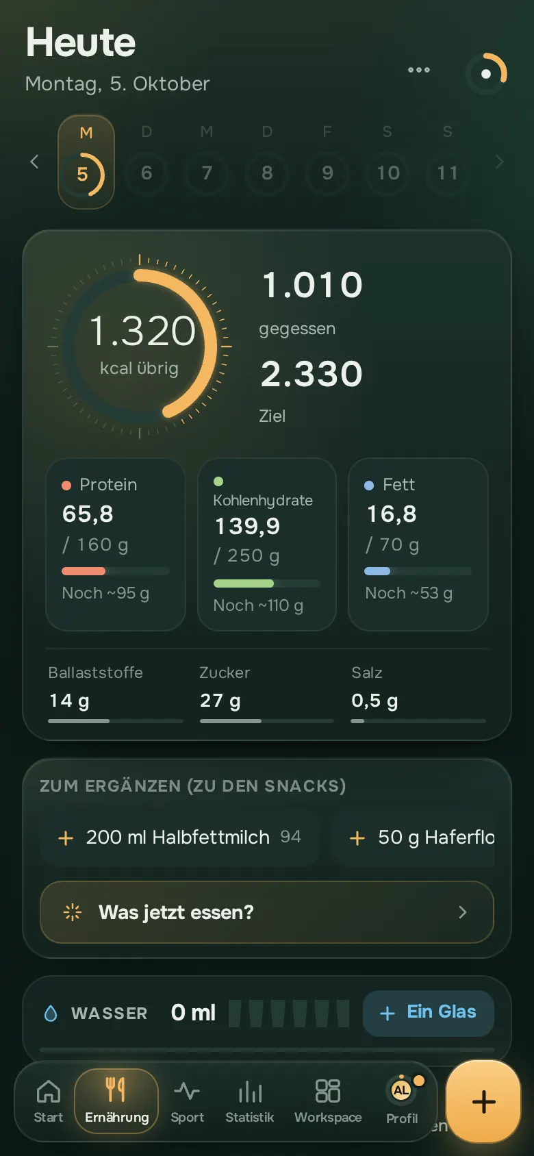 Bildschirm der Ration-App: Ernährung