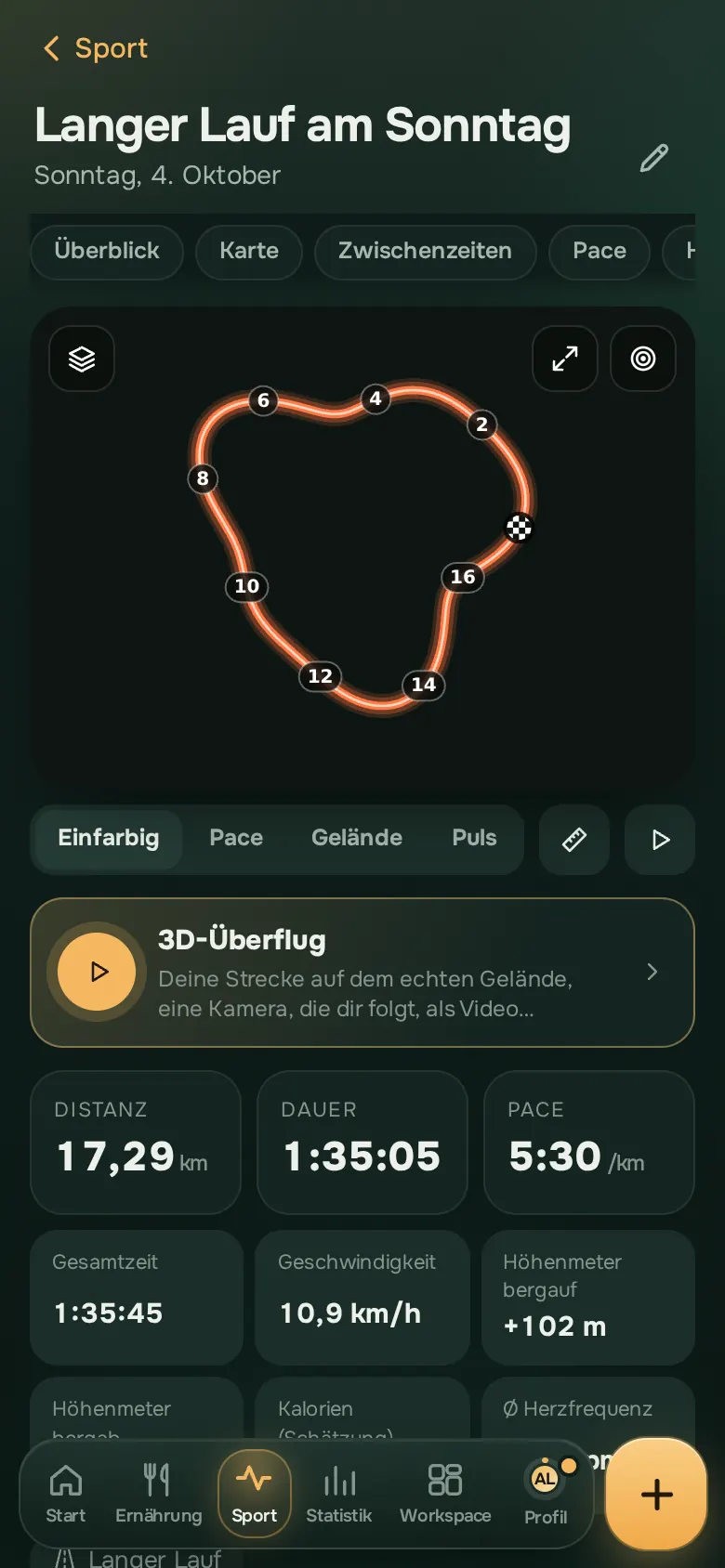 Bildschirm der Ration-App: Laufen und Radfahren, auf der Karte
