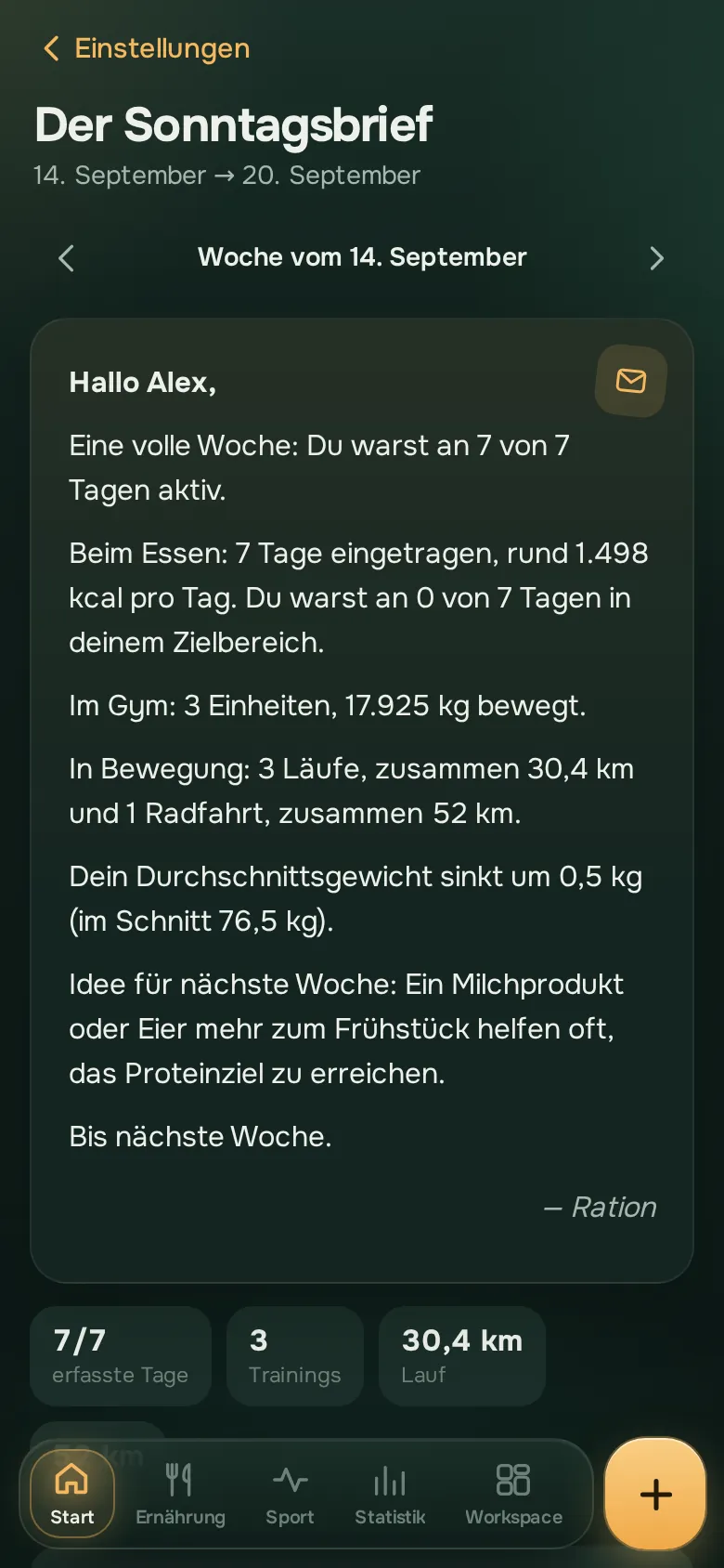 Bildschirm der Ration-App: Der Sonntagsbrief