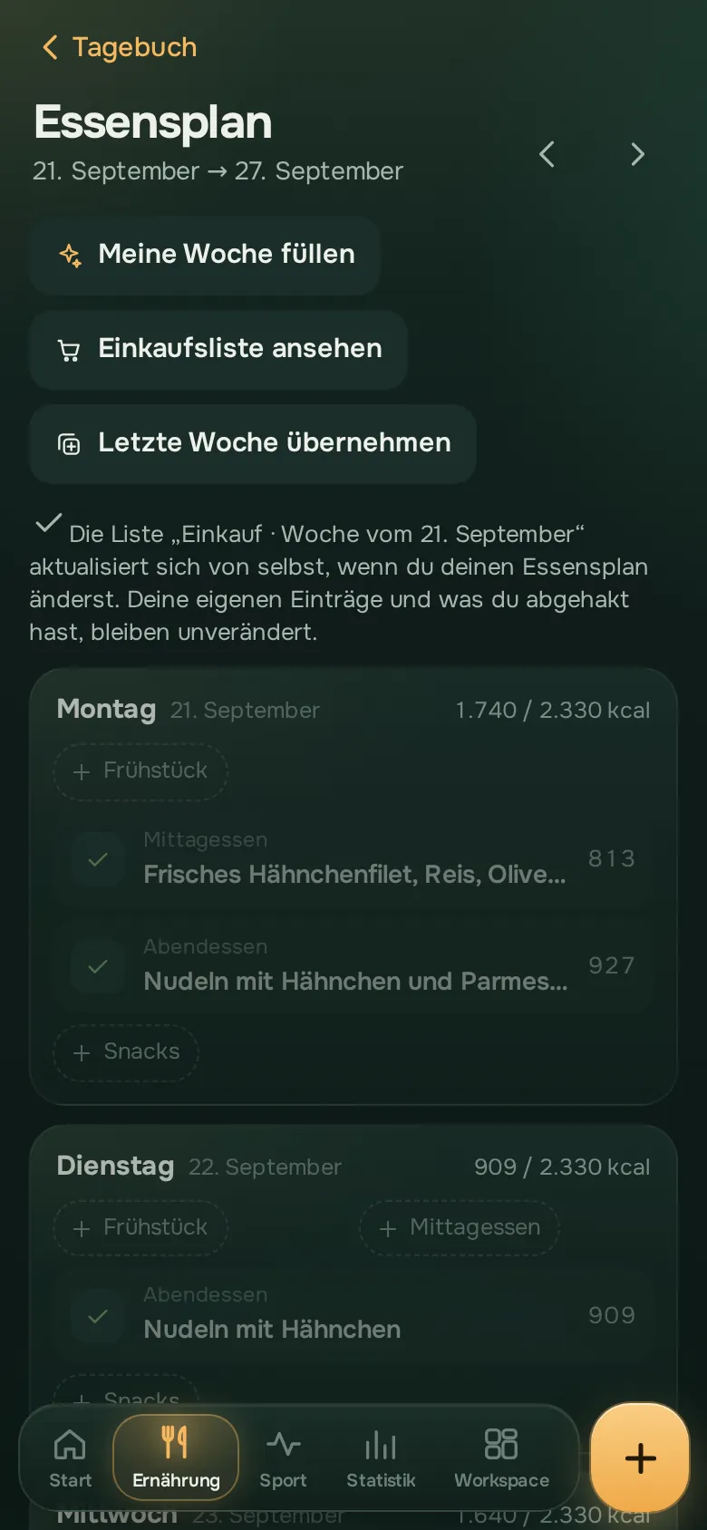Bildschirm der Ration-App: Planen und einkaufen