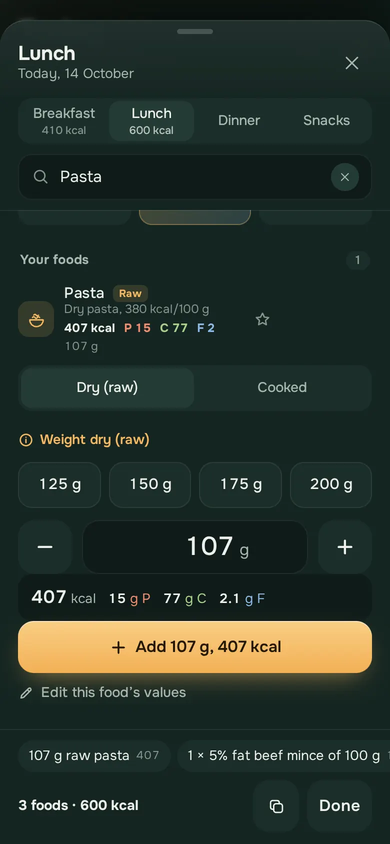 Ration app screen: Add it, in two taps