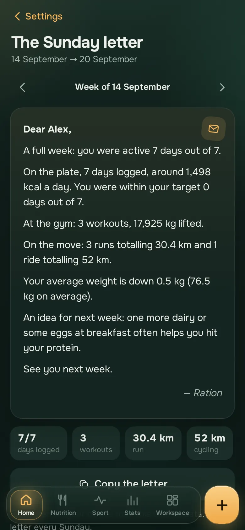 Ration app screen: The Sunday letter