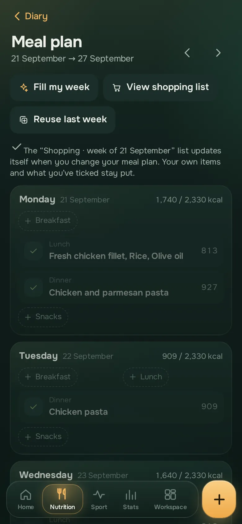 Ration app screen: Plan and shop