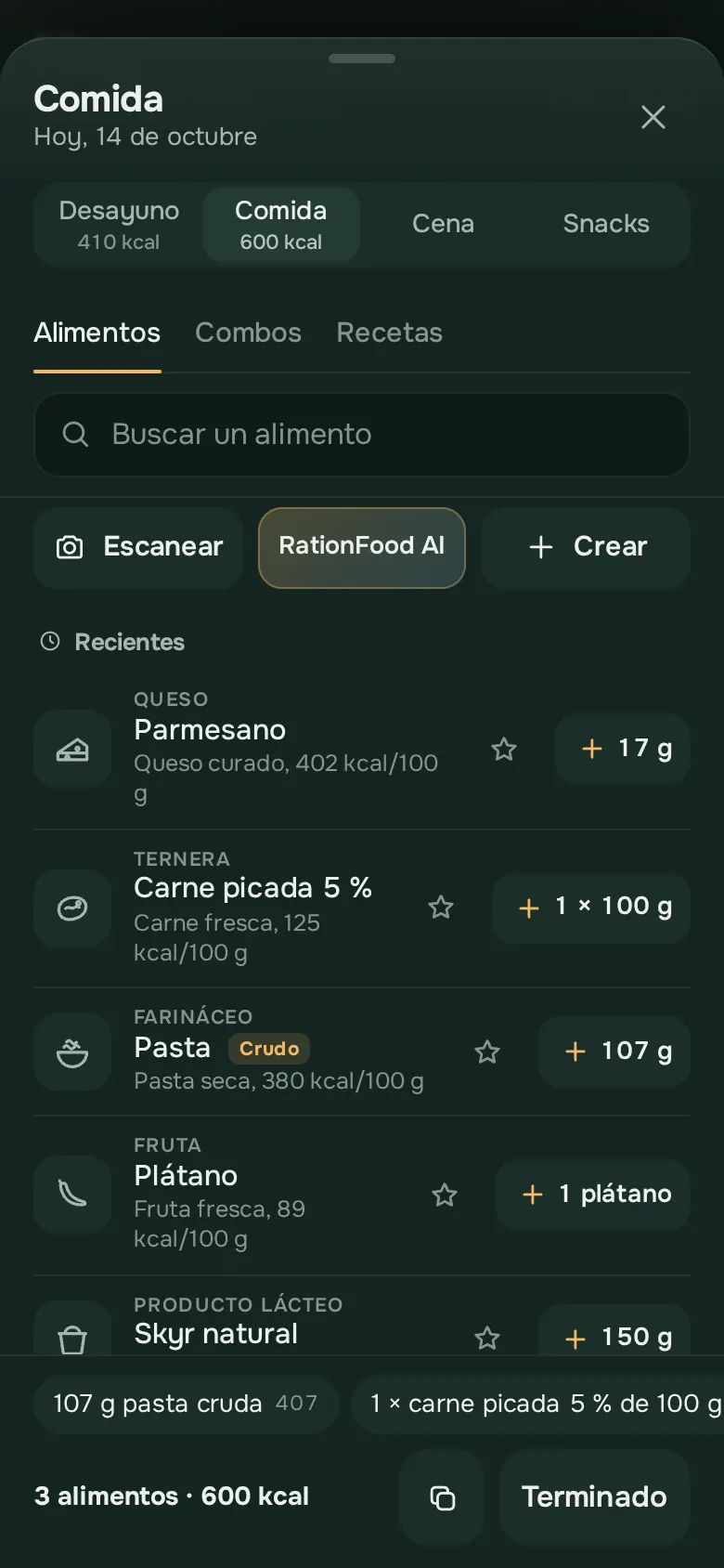 Pantalla de la app Ration: Añadir, en dos toques