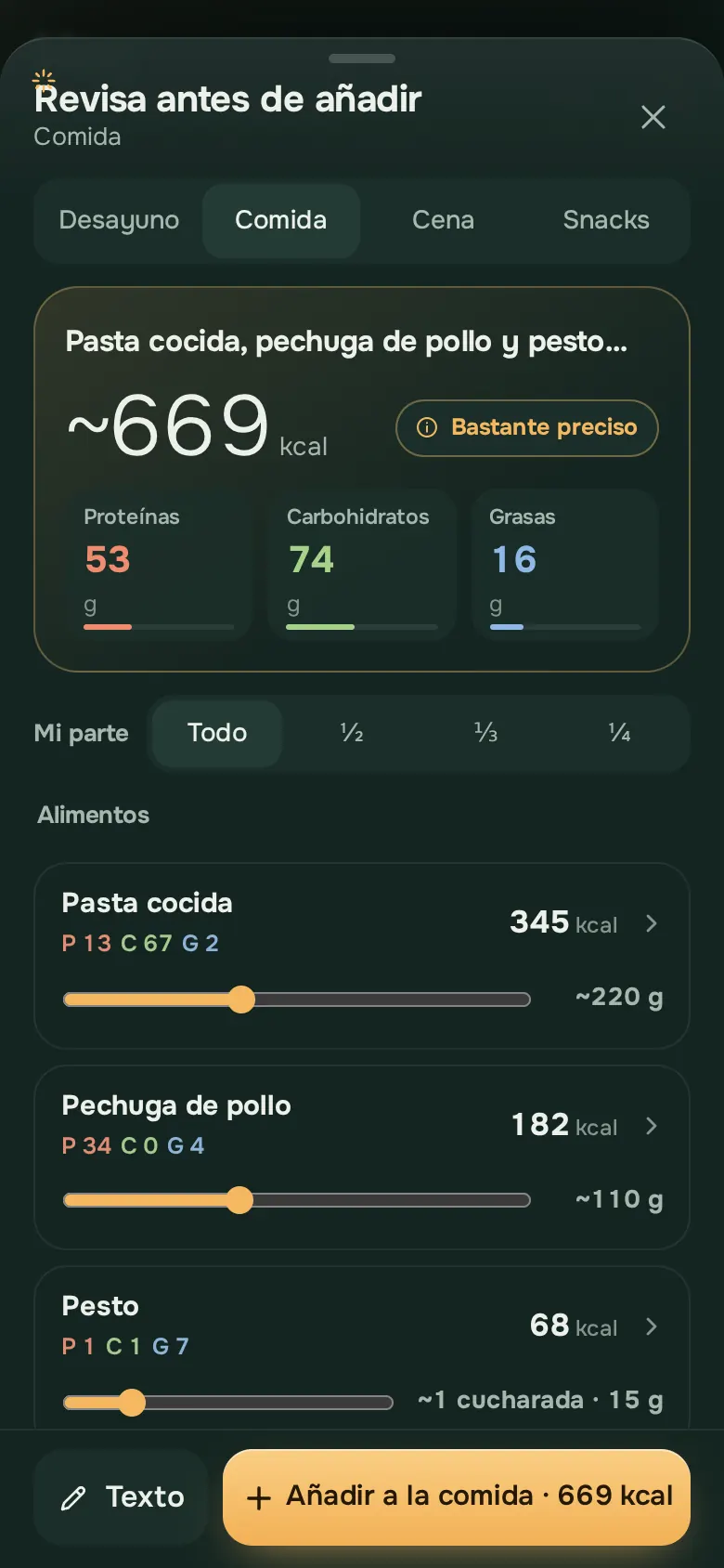 Pantalla de la app Ration: RationFood AI