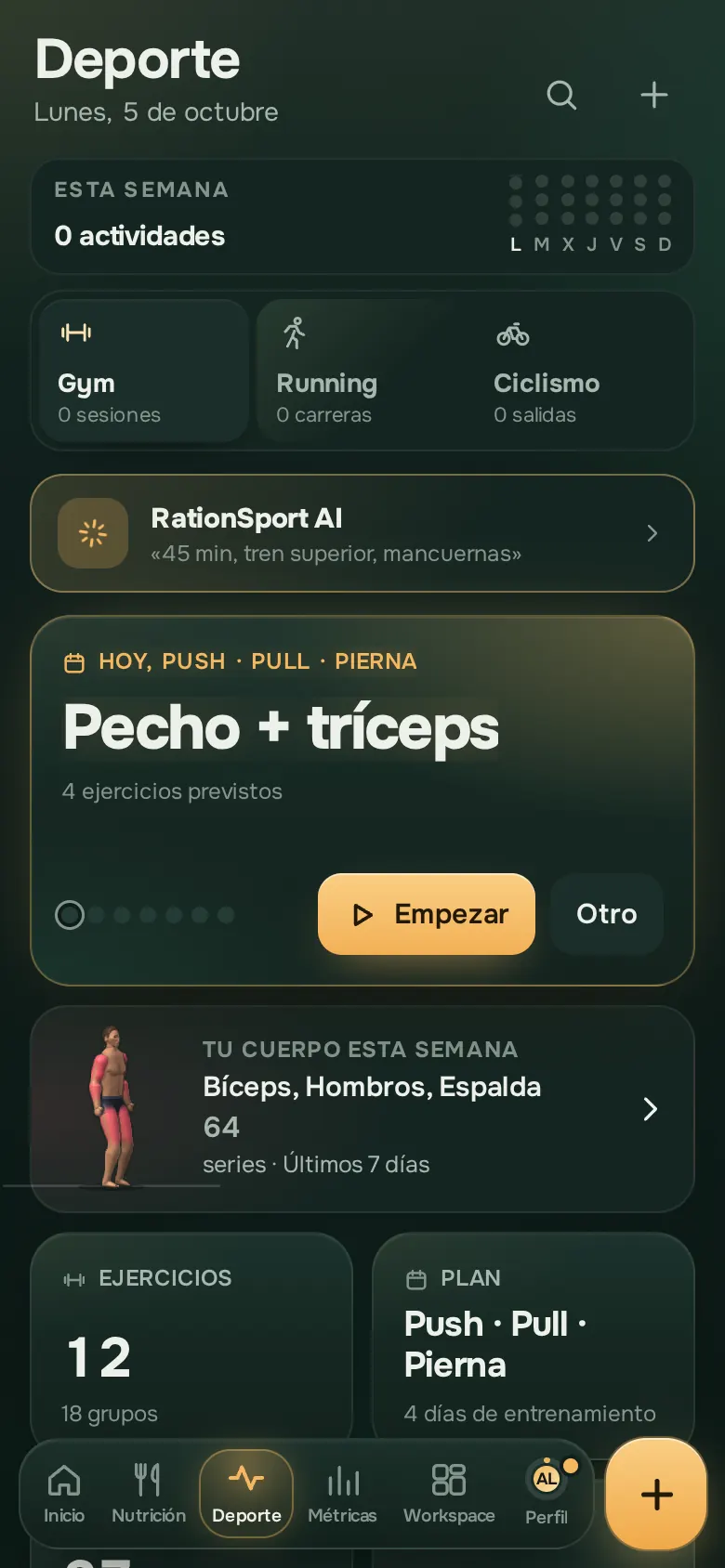 Pantalla de la app Ration: Deporte