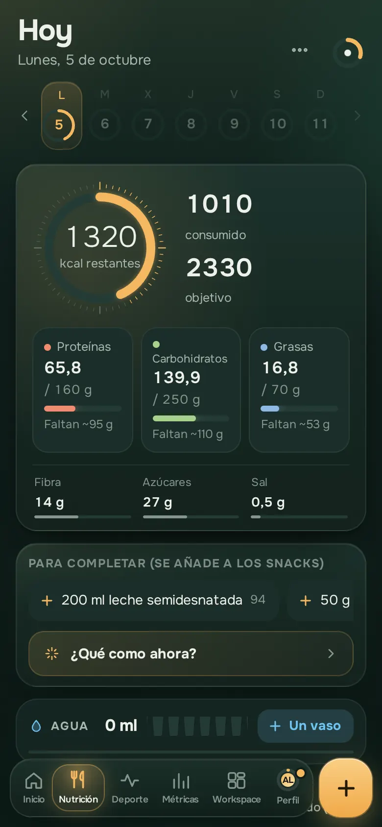 Pantalla de la app Ration: Nutrición
