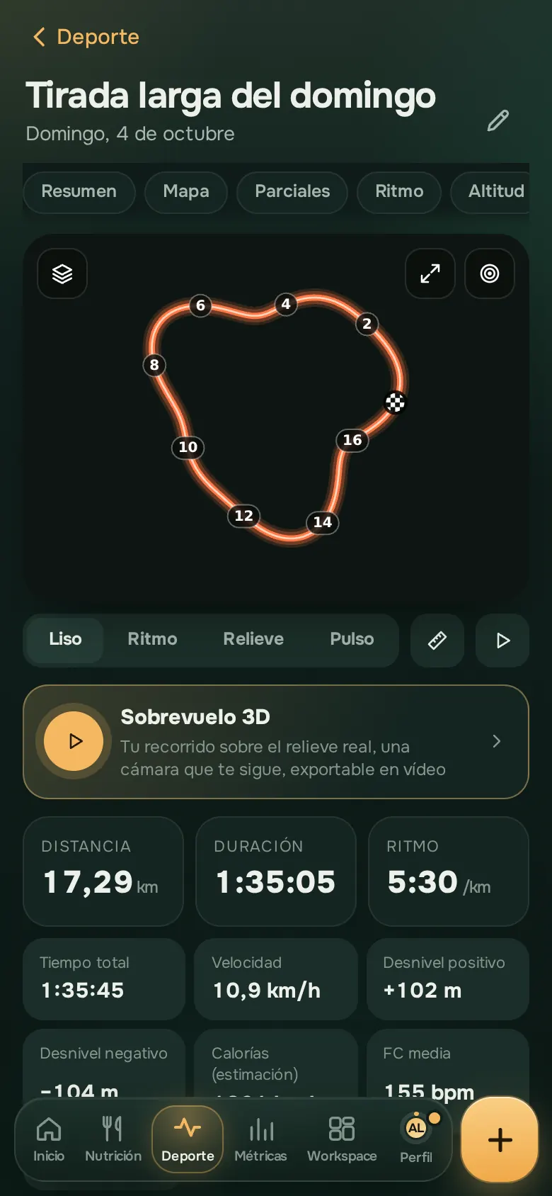 Pantalla de la app Ration: Carrera y bici, en el mapa