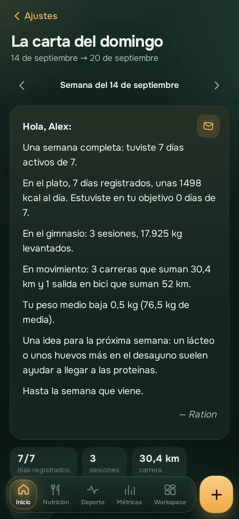 Pantalla de la app Ration: La carta del domingo