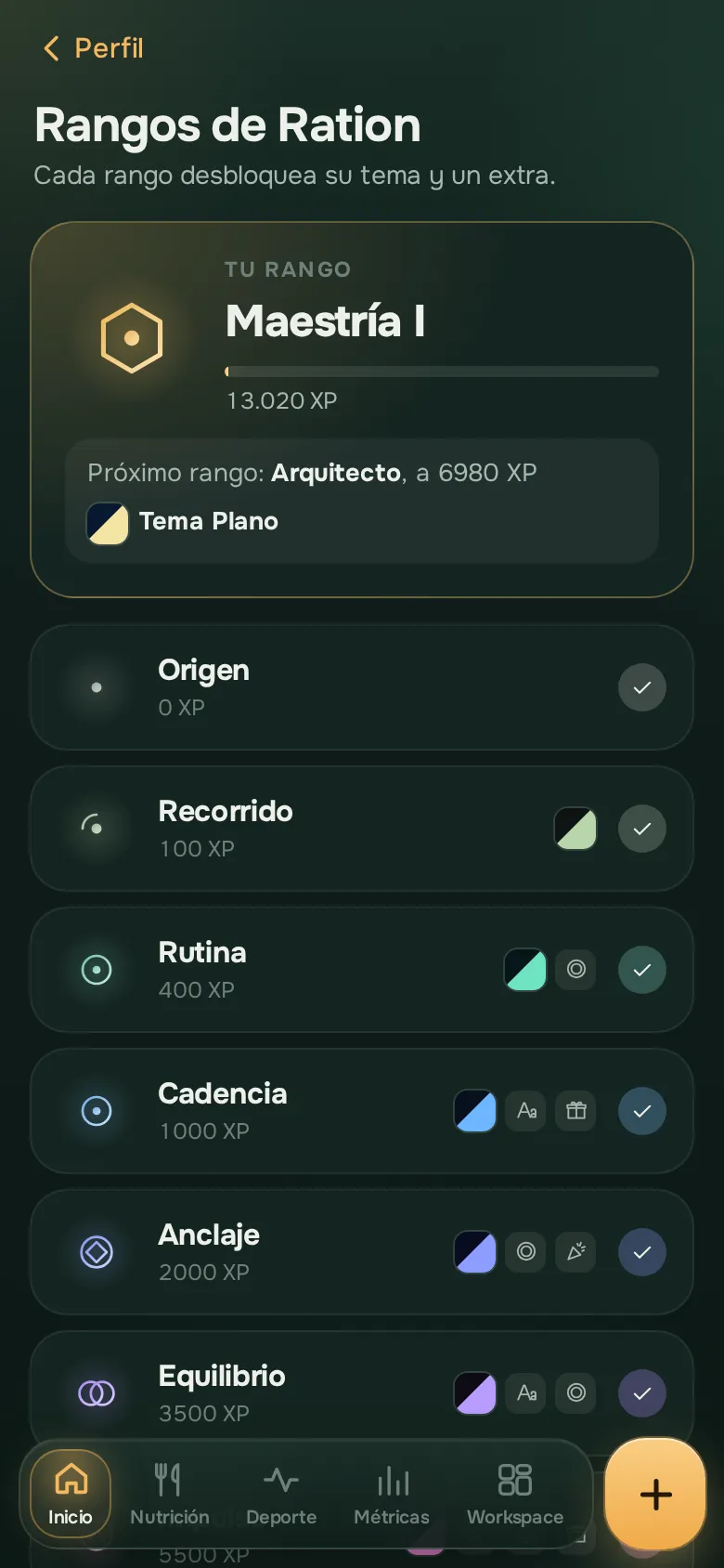 Pantalla de la app Ration: Rangos, XP y retos