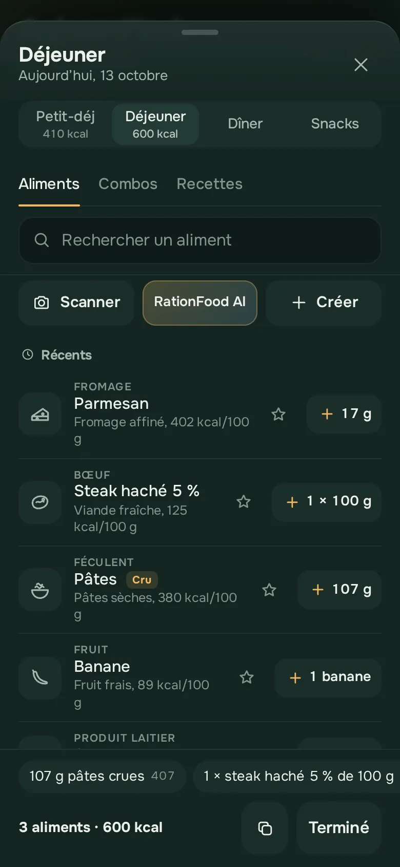 Écran de l’app Ration : Ajouter, en deux touches