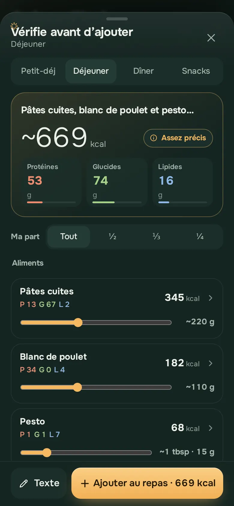 Écran de l’app Ration : RationFood AI