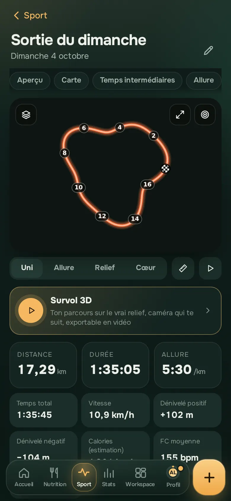 Écran de l’app Ration : Course et vélo, sur la carte
