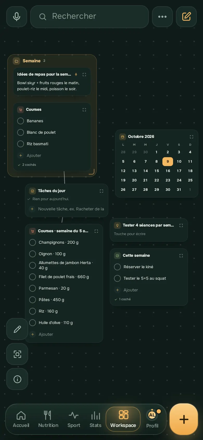 Écran de l’app Ration : Workspace