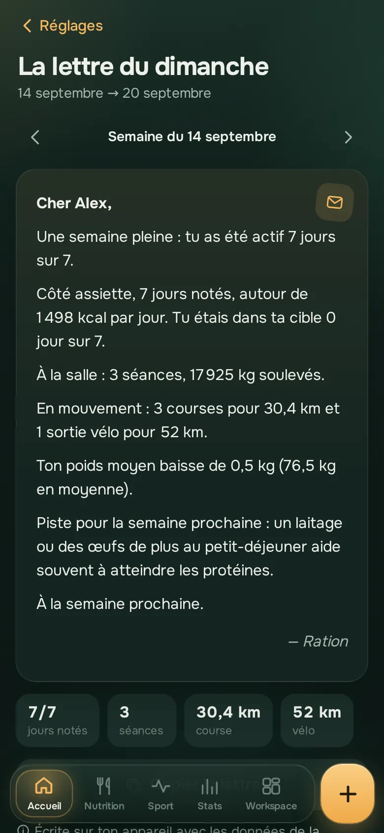 Écran de l’app Ration : La lettre du dimanche