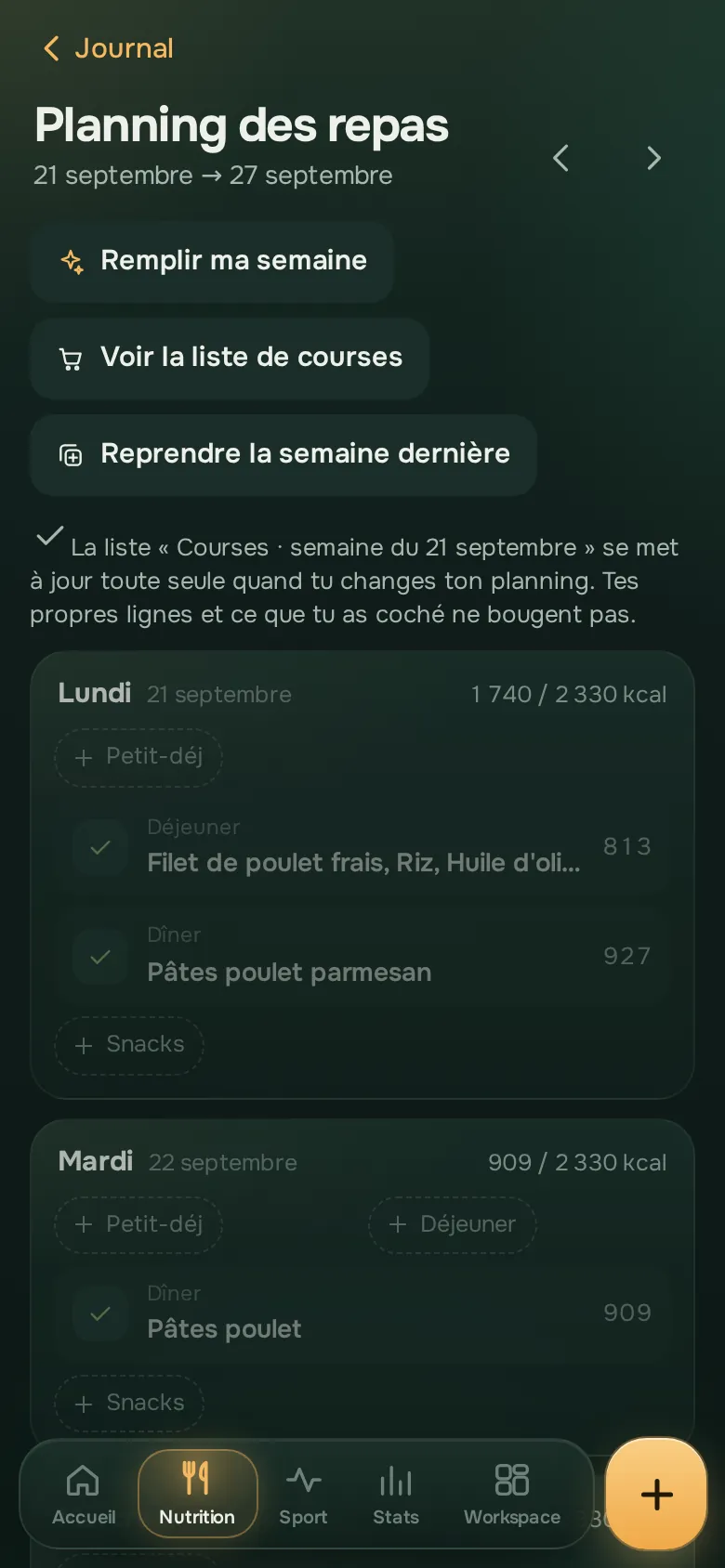 Écran de l’app Ration : Planifier et faire les courses