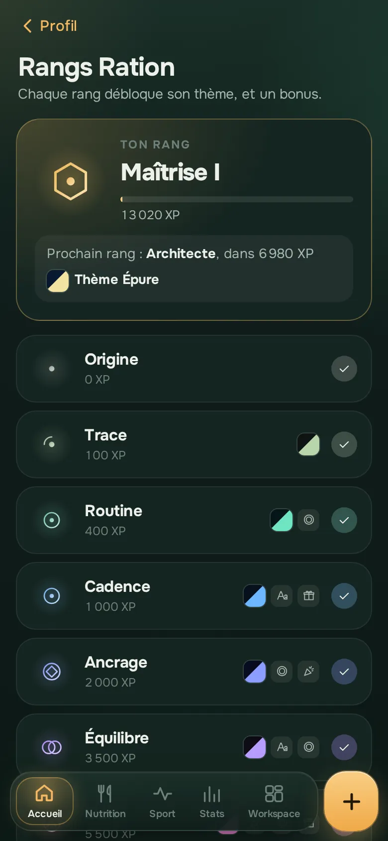 Écran de l’app Ration : Rangs, XP et défis