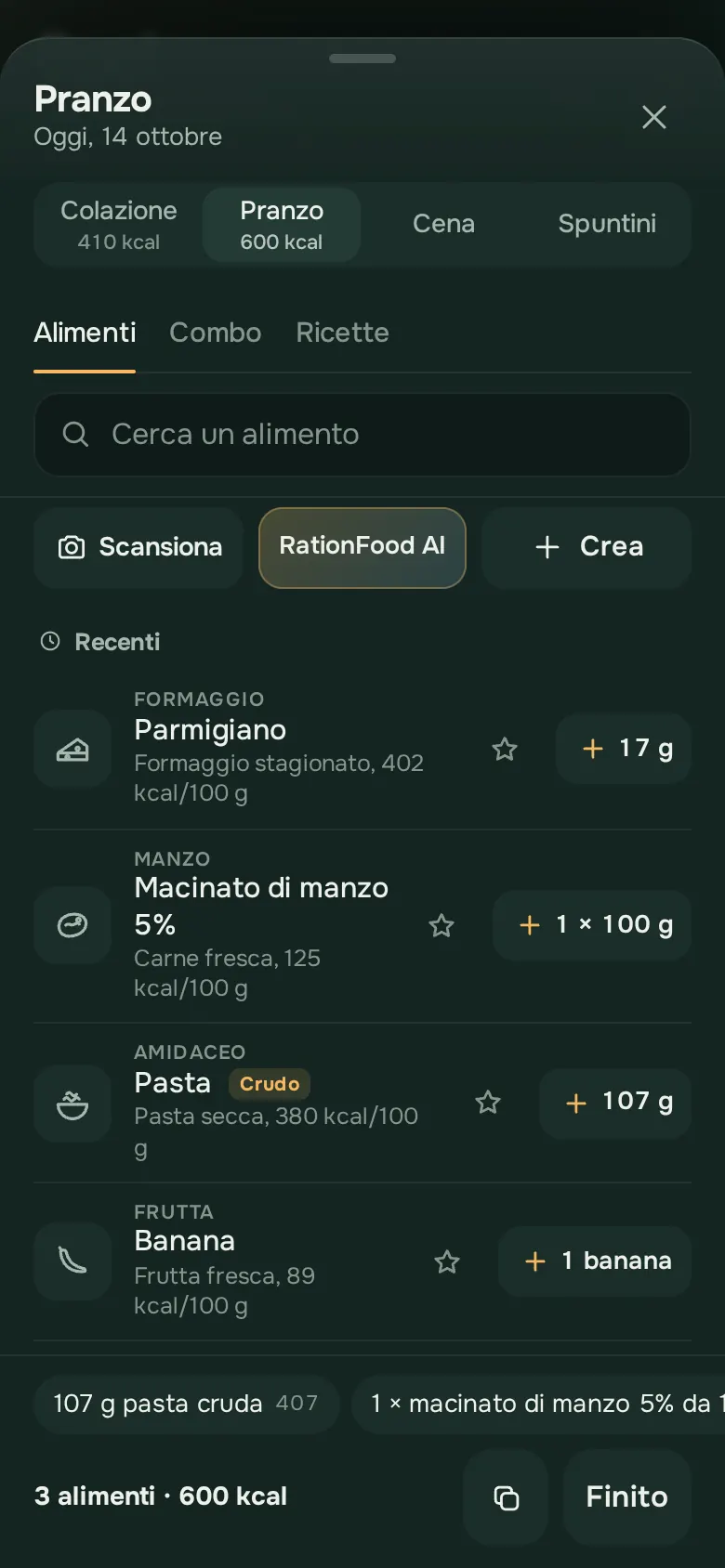 Schermata dell’app Ration: Aggiungi, in due tocchi