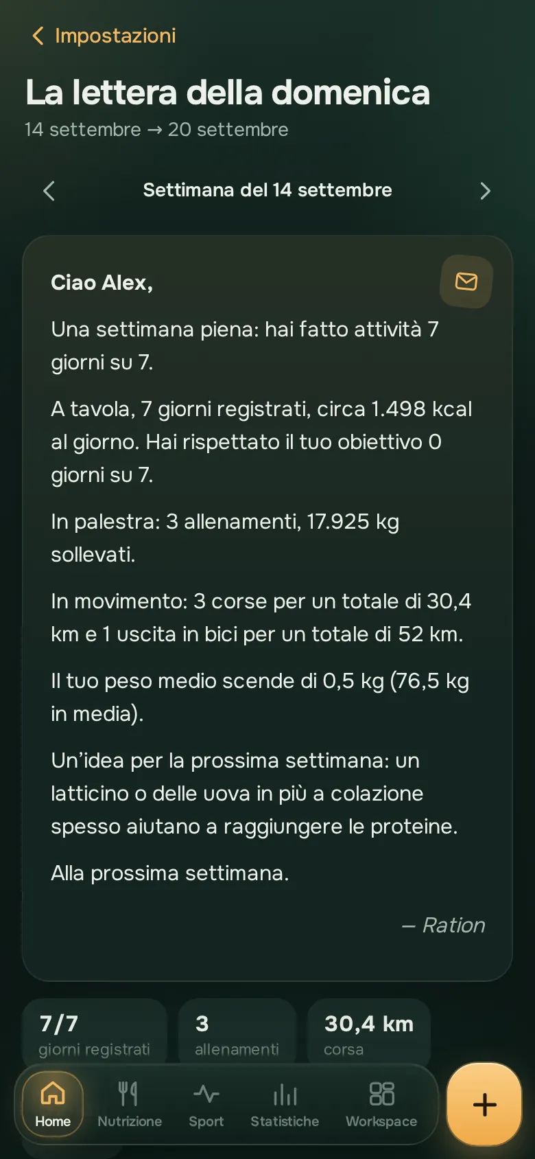 Schermata dell’app Ration: La lettera della domenica