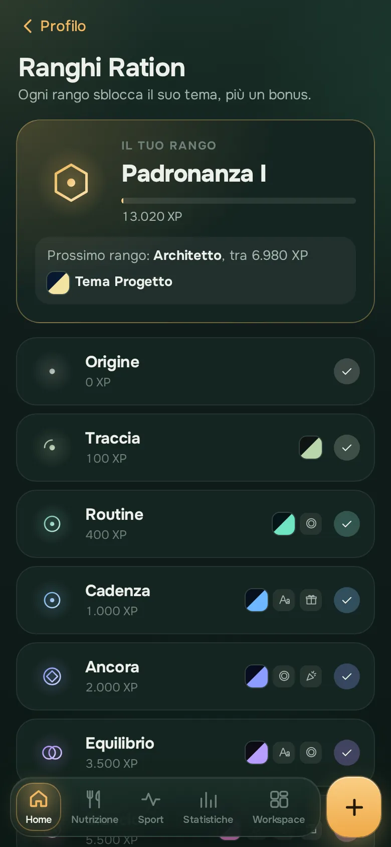Schermata dell’app Ration: Ranghi, XP e sfide