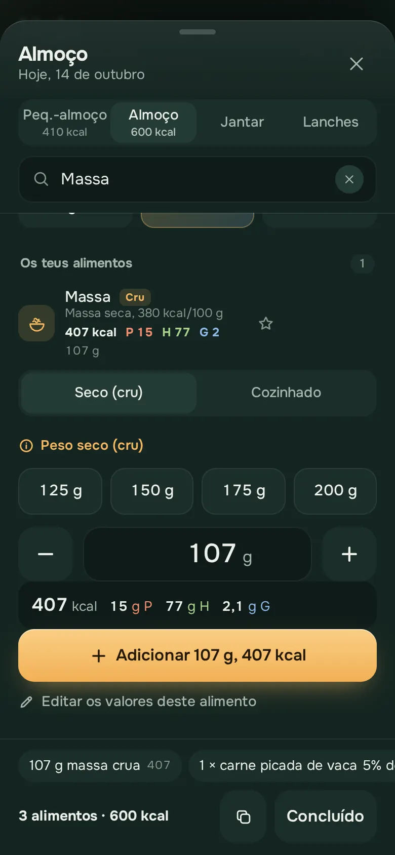 Ecrã da app Ration: Adicionar, em dois toques