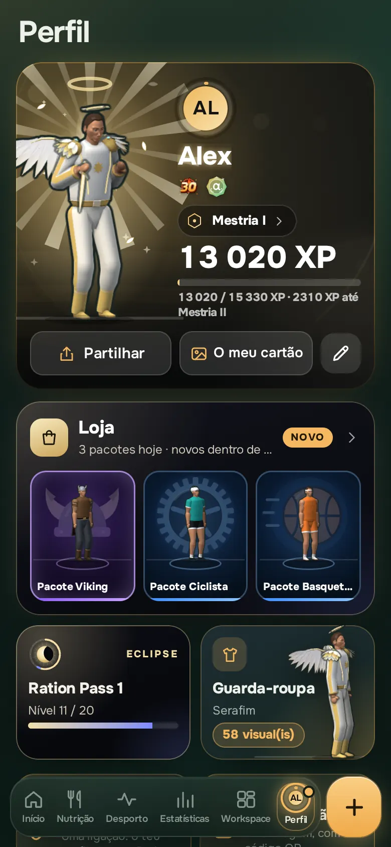 Ecrã da app Ration: Perfil