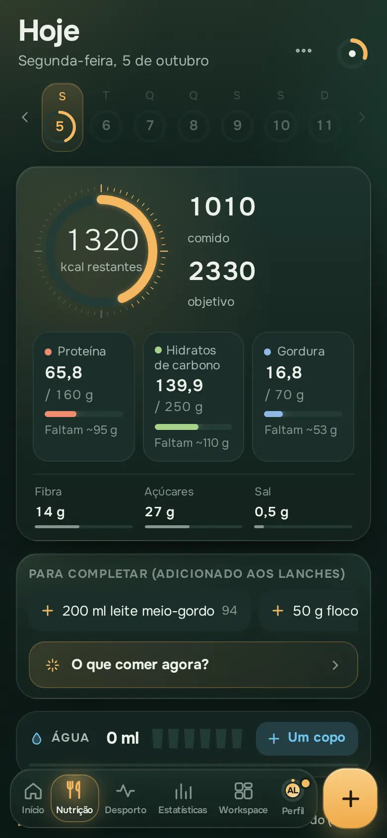 Ecrã da app Ration: Nutrição