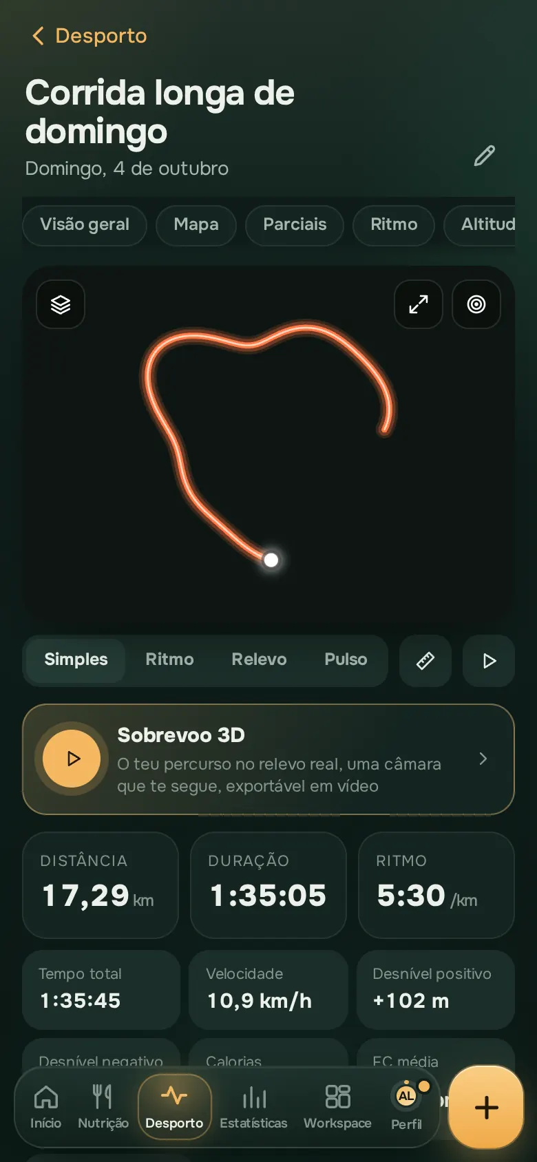 Ecrã da app Ration: Corrida e bicicleta, no mapa