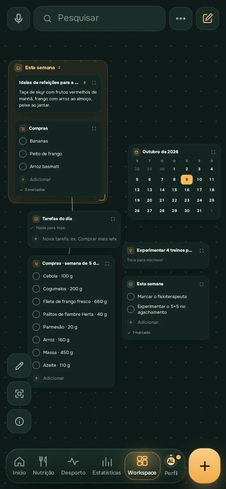 Ecrã da app Ration: Workspace