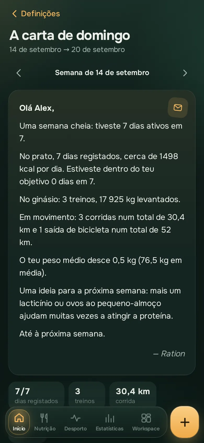Ecrã da app Ration: A carta de domingo
