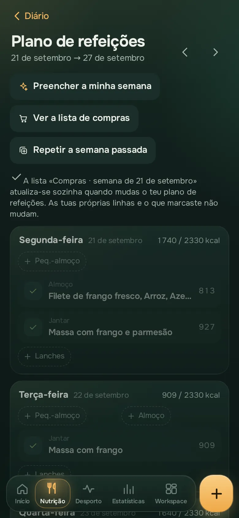 Ecrã da app Ration: Planear e fazer compras