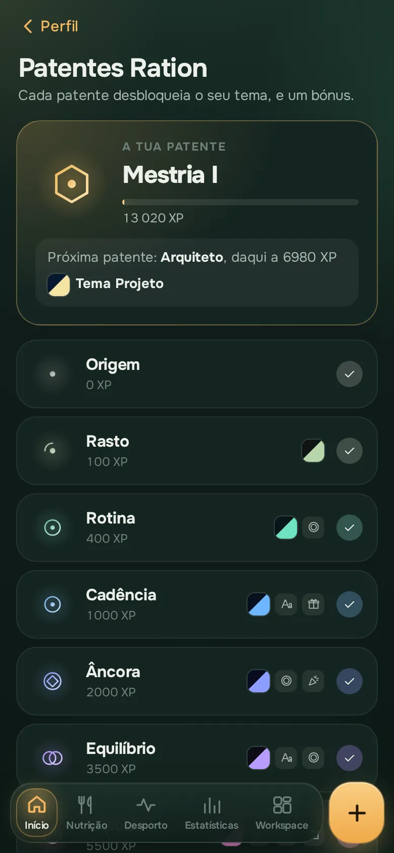 Ecrã da app Ration: Ranks, XP e desafios