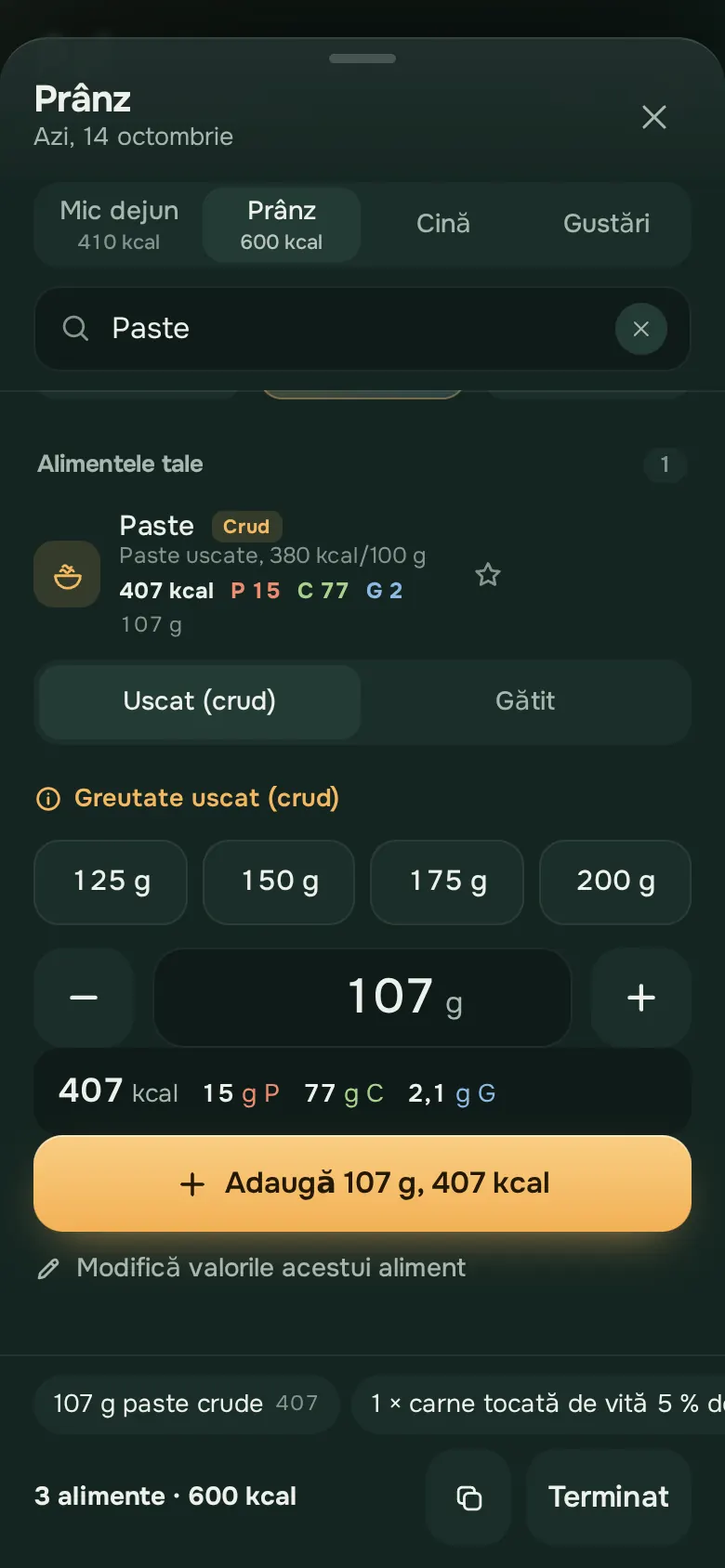 Ecran din aplicația Ration: Adaugă, din două atingeri
