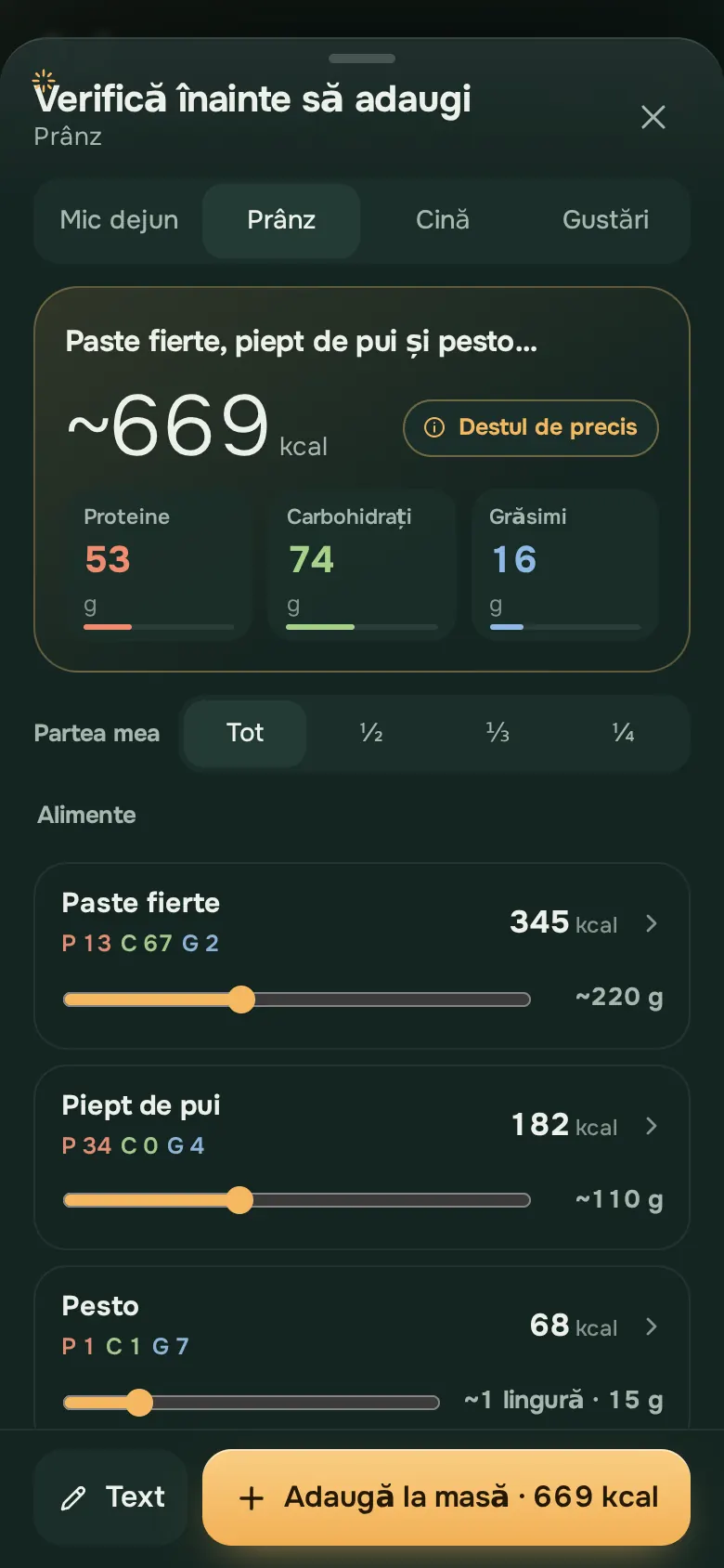 Ecran din aplicația Ration: RationFood AI