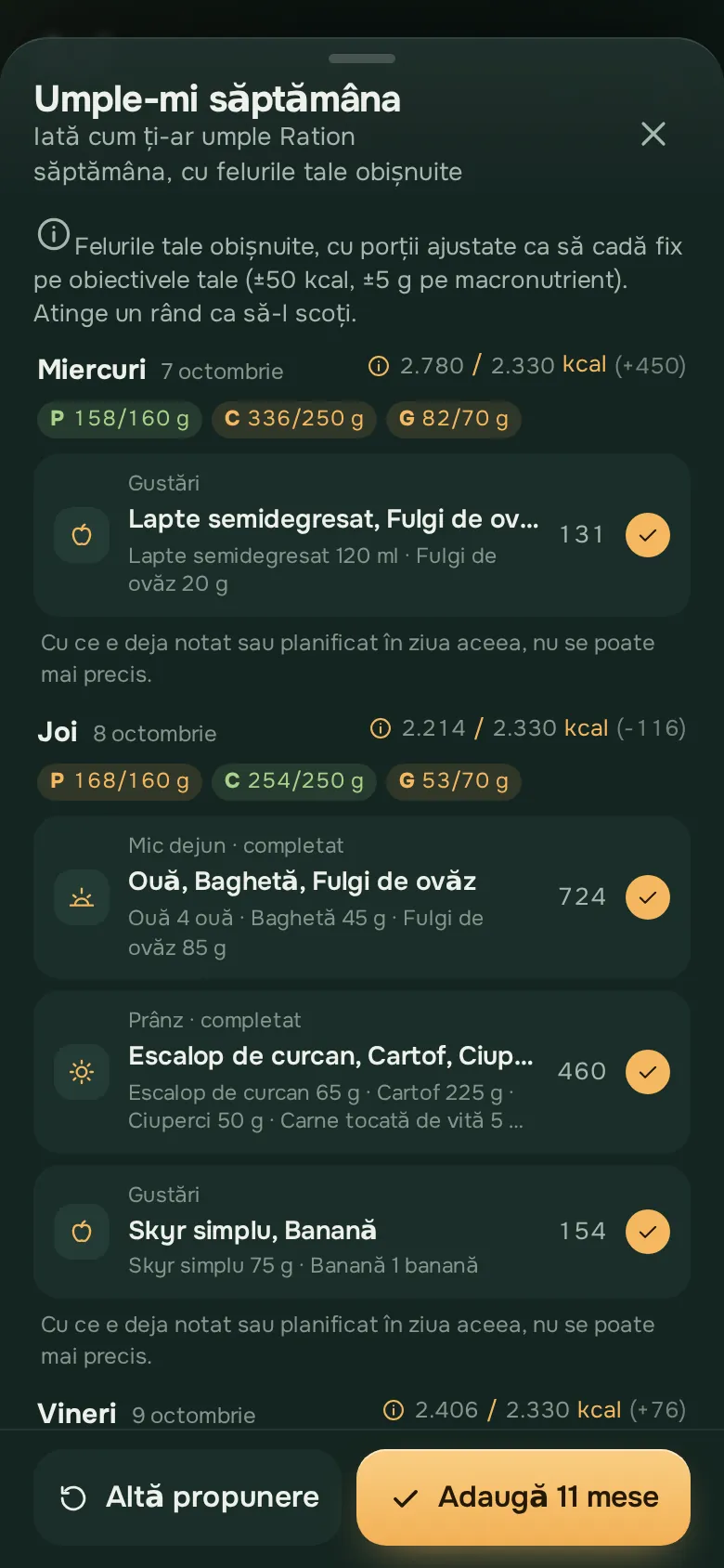 Ecran din aplicația Ration: RationSport AI
