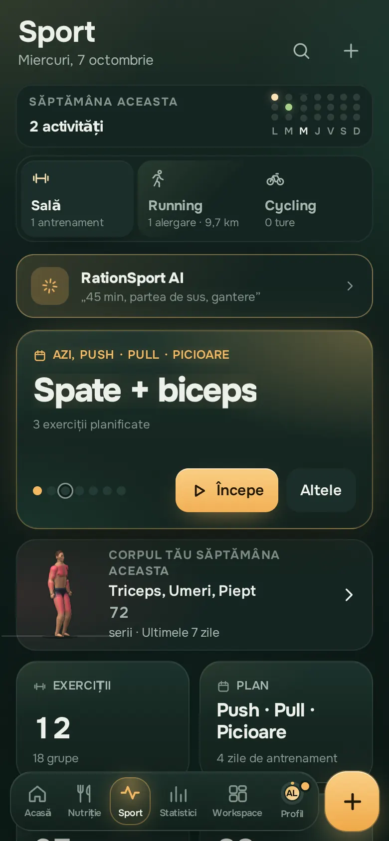 Ecran din aplicația Ration: Sport