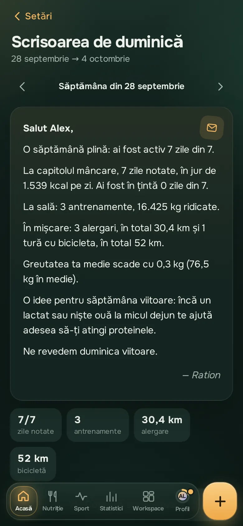 Ecran din aplicația Ration: Scrisoarea de duminică