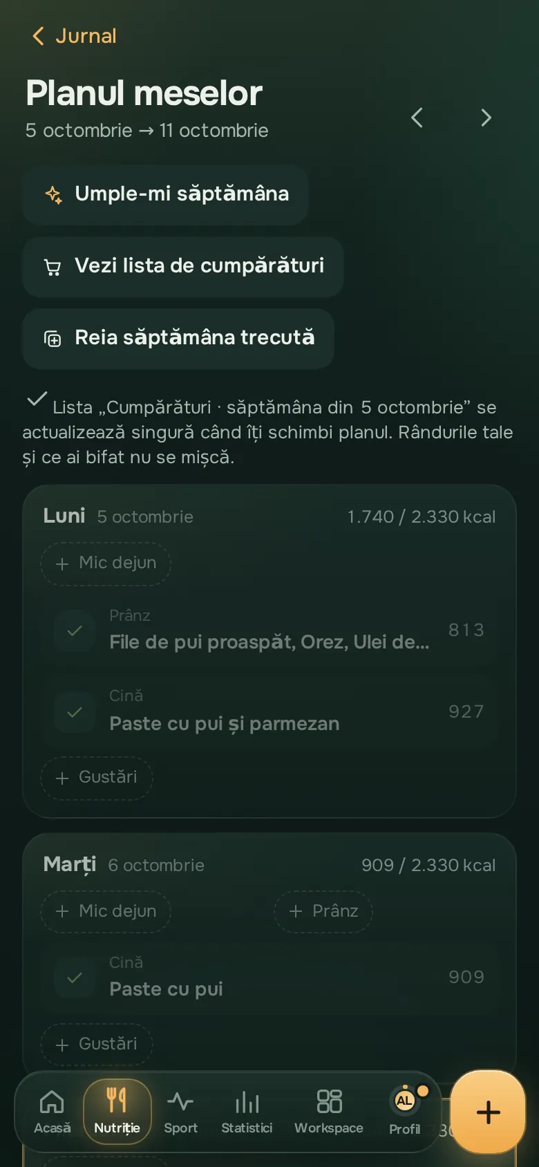 Ecran din aplicația Ration: Planifică și fă cumpărăturile