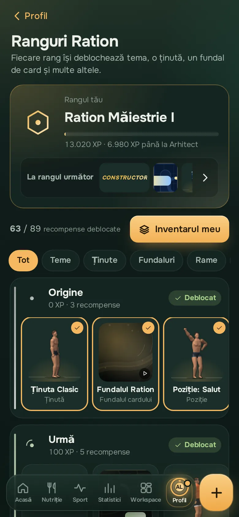 Ecran din aplicația Ration: Ranguri, XP și provocări
