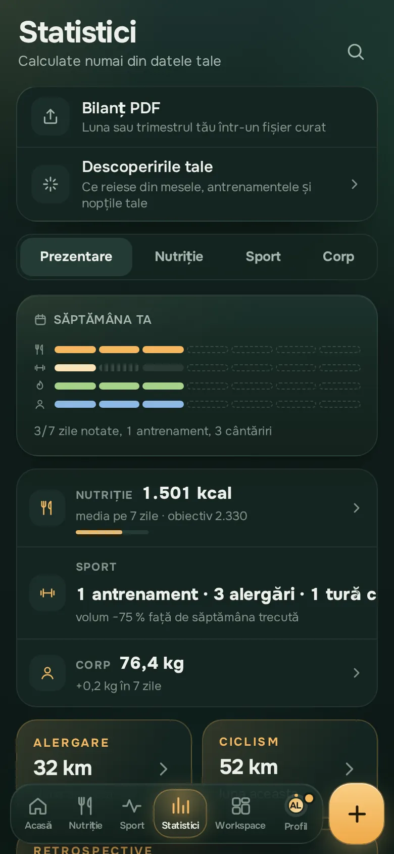 Ecran din aplicația Ration: Statistici